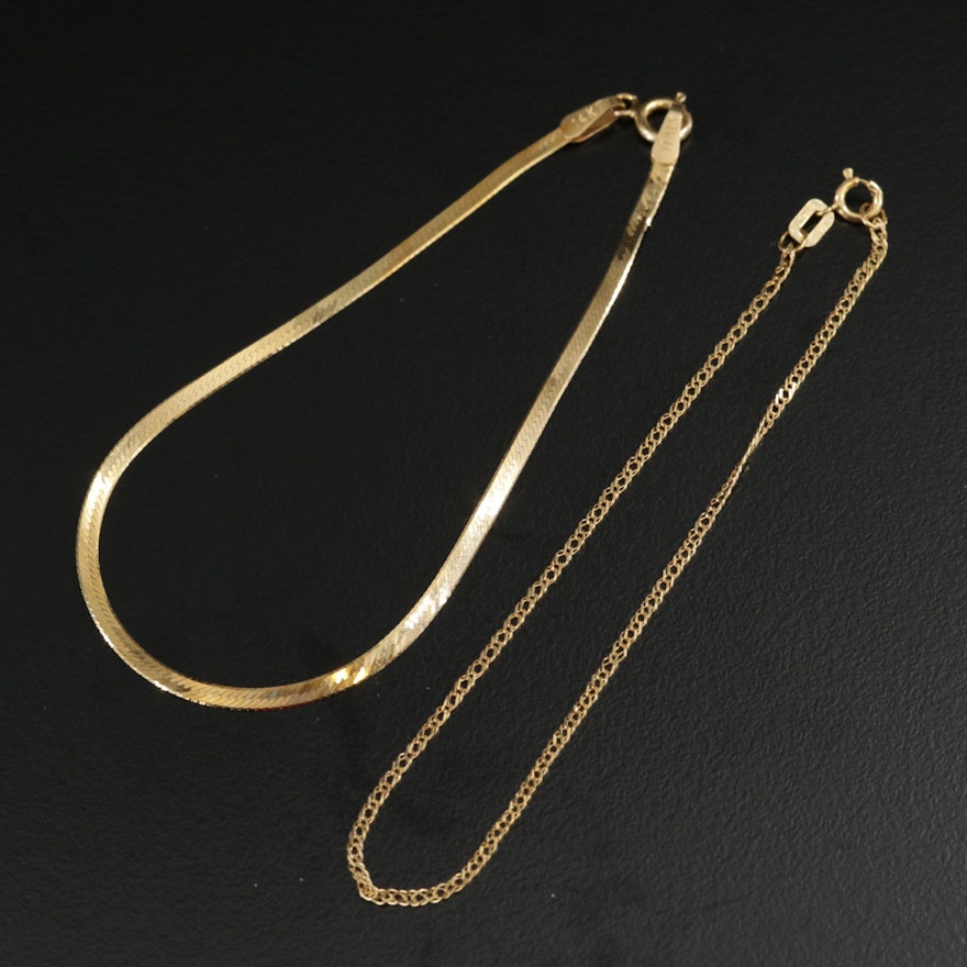 14K Gold Herringbone and Curb Chain Bracelets