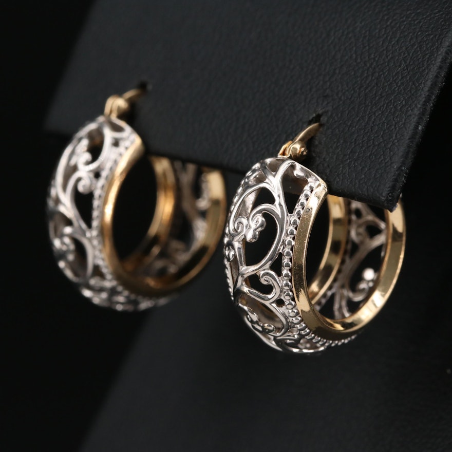 14K Yellow and White Gold Openwork Hoop Earrings