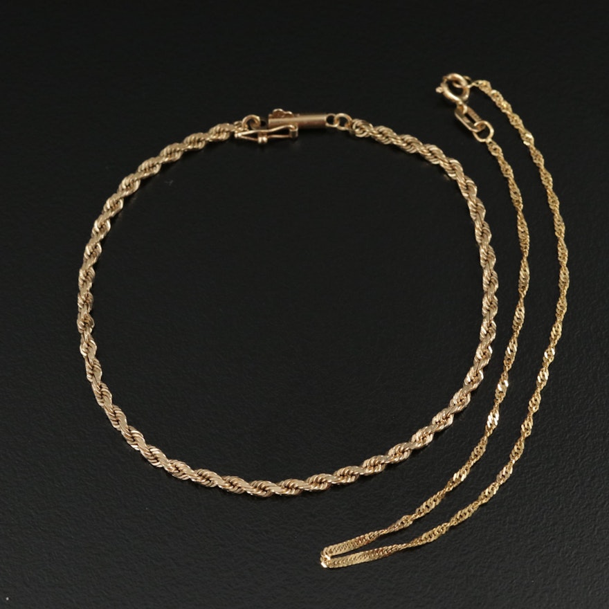 14K Gold Rope and Singapore Chain Bracelets