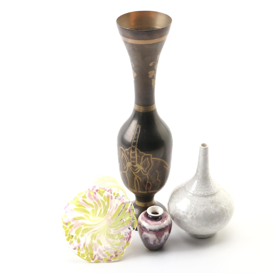 Ceramic and Brass Vases with Blown Glass Flower, Mid to Late 20th Century