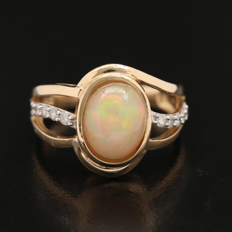 14K Opal and Diamond Ring with Open Shank