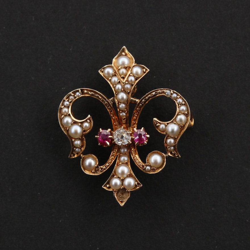 Victorian 14K Diamond, Ruby and Seed Pearl Fleur-de-lis Converter Brooch