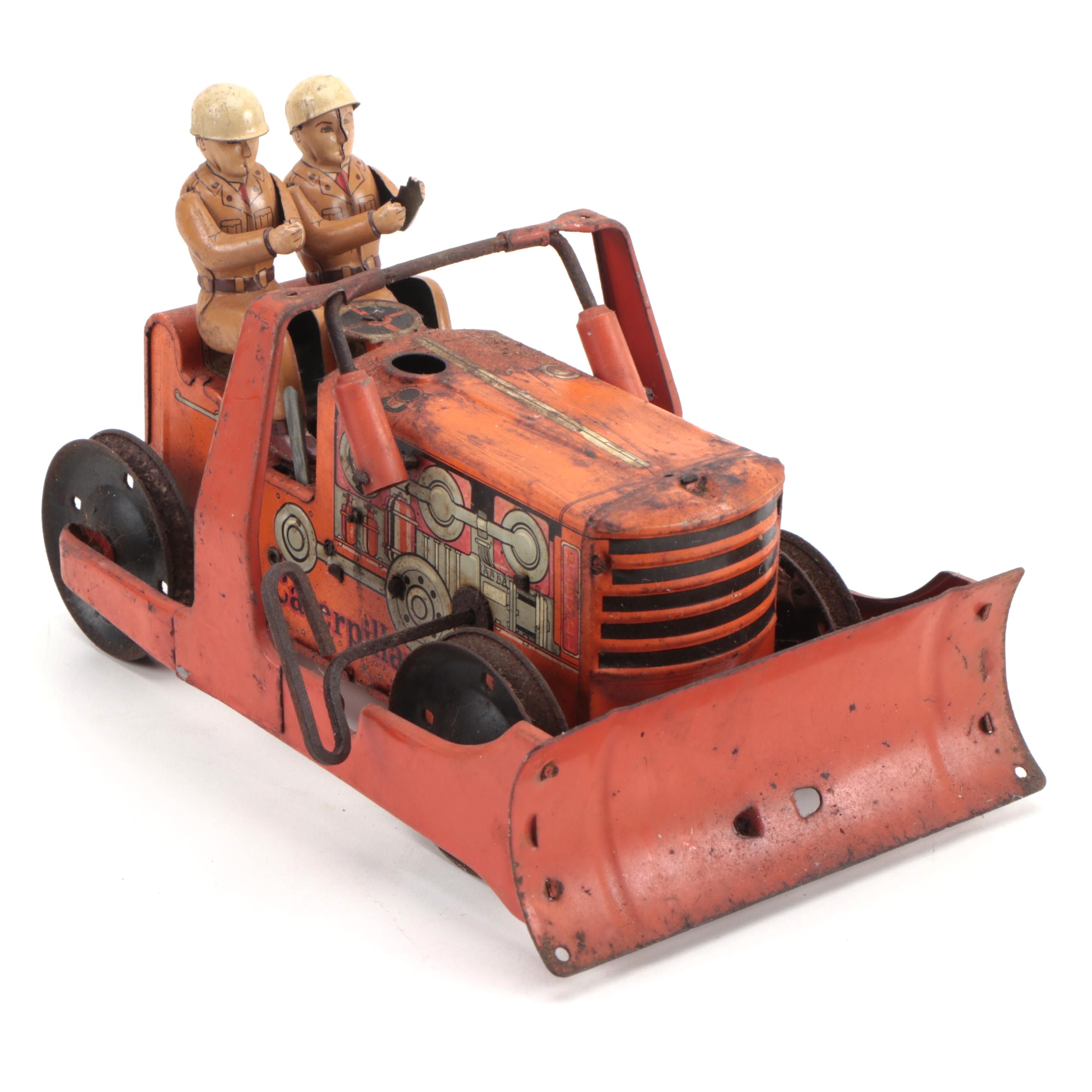 Marx Heavy Duty Caterpillar Bulldog Windup Tractor with Road Scraper, 1942