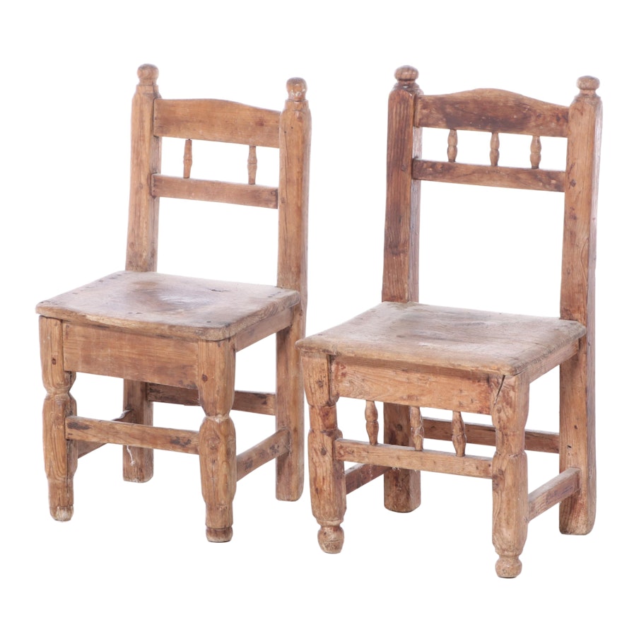 Two Child's Primitive Pine Side Chairs