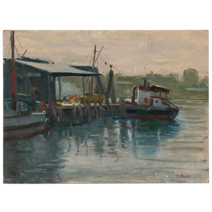 Harry Barton Oil Painting "Fishing Boats in Gloucester", Mid 20th Century