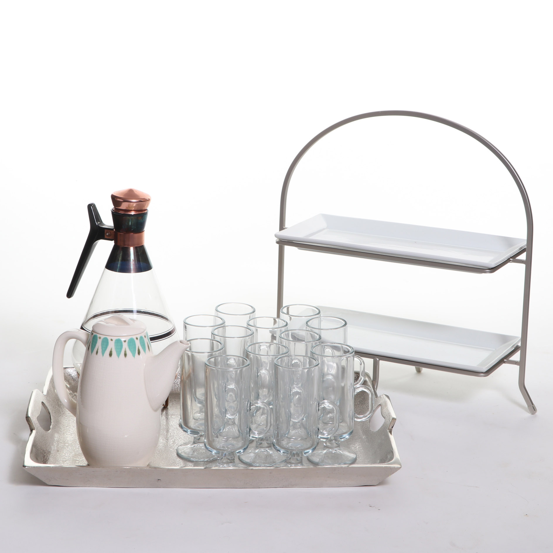 Crate & Barrel Serving Stand, Coffee Servers with Mugs and Aluminum Serving Tray