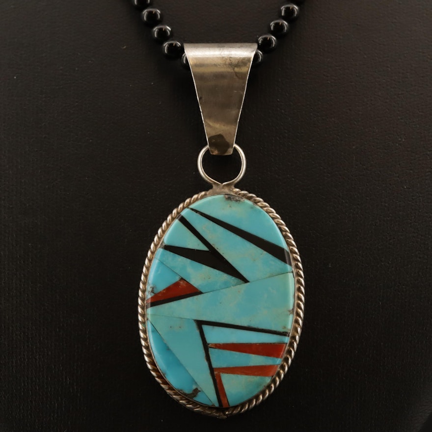 Signed Western Sterling Black Onyx, Turquoise and Spiny Oyster Necklace