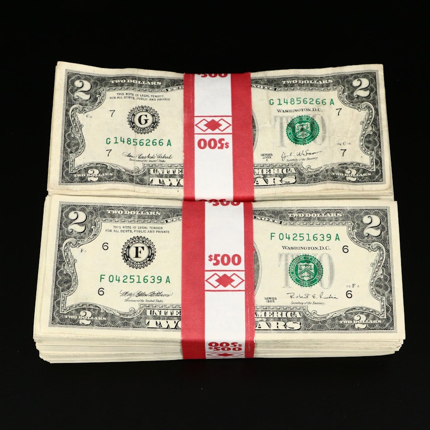 Five Hundred $2 Federal Reserve Notes in Two $500 Banded Bundles