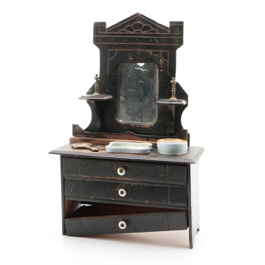 Miniature Empire American Lowboy Chest of Drawers with Mirror, 19th Century