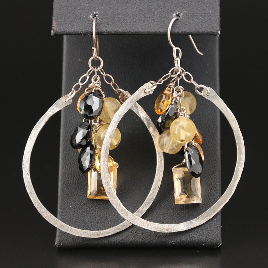 Sterling Citrine and Black Onyx Hammered Dangle Earrings