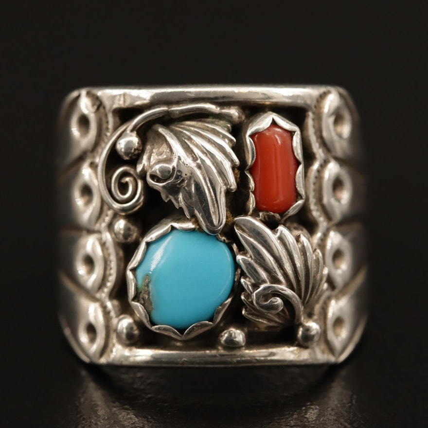 Signed Western Sterling Silver Ring with Turquoise and Coral