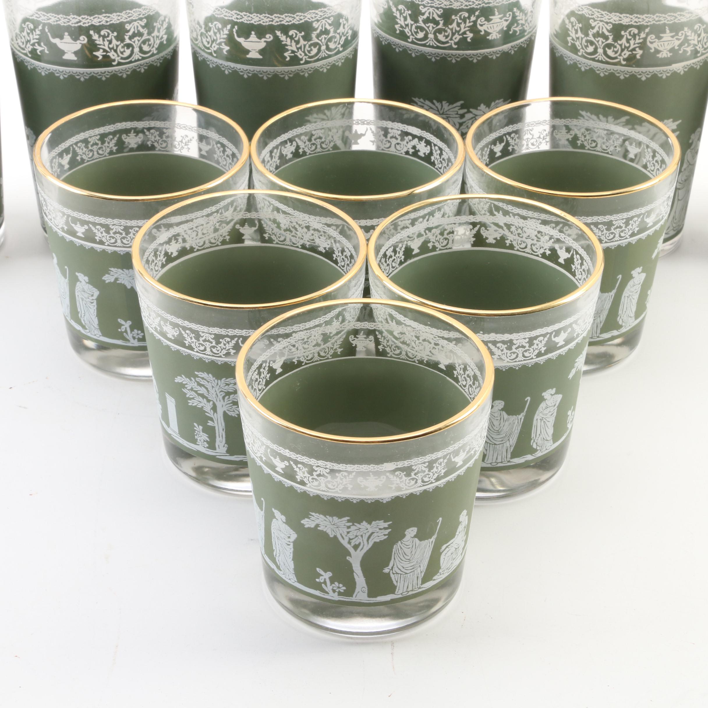 Jeanette "Hellenic Green" Glass Old Fashioned, Tumblers and Ashtray, Mid 20th C.