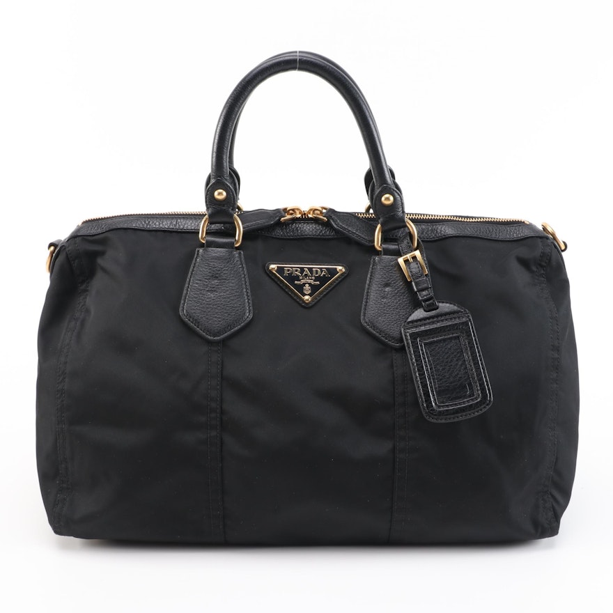 Prada Business Travel Bag in Black Nylon with Grained Leather Trim