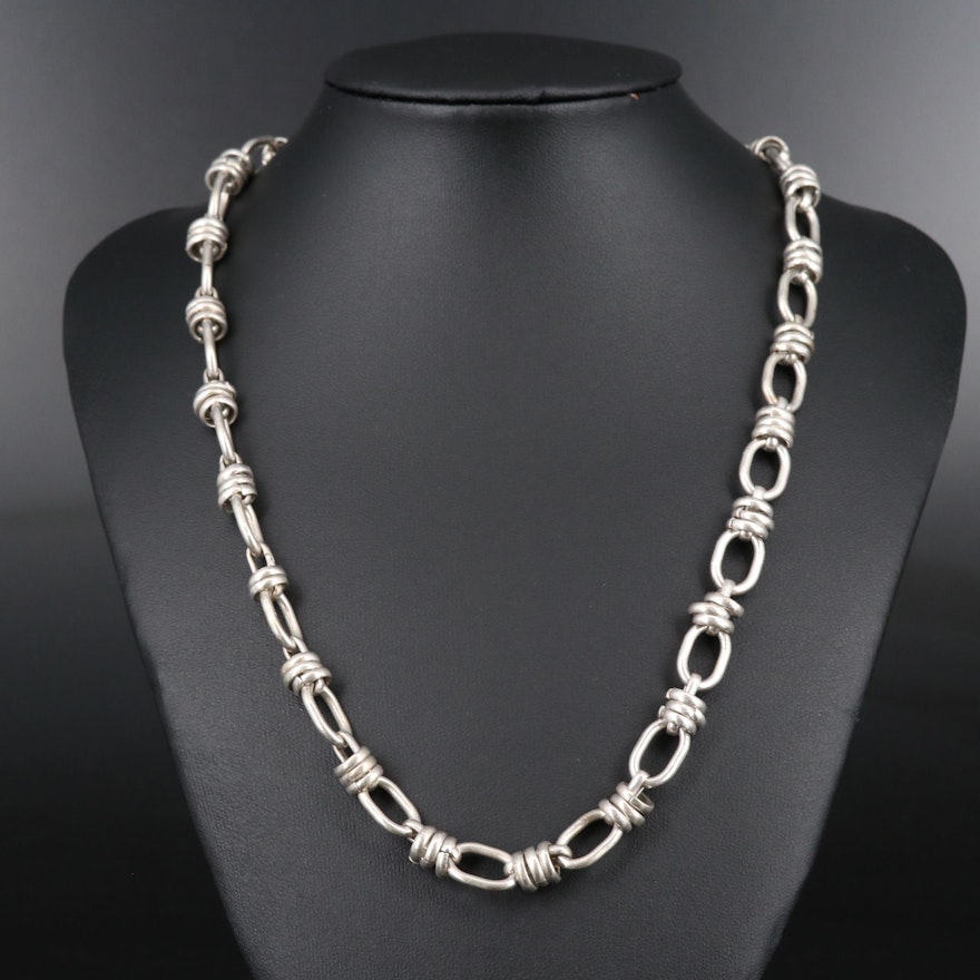 Sterling Silver Cable Chain Necklace with Banded Accents