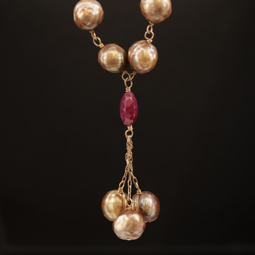 Ruby and Pearl Y Necklace