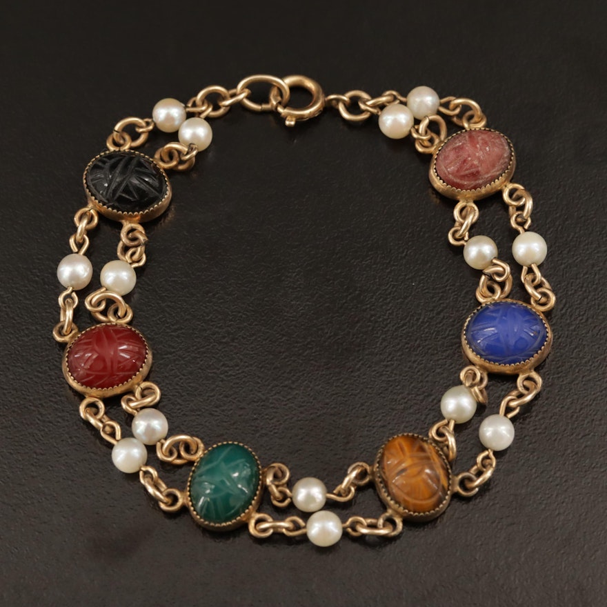 Double Row Multiple Gemstone Scarab Bracelet