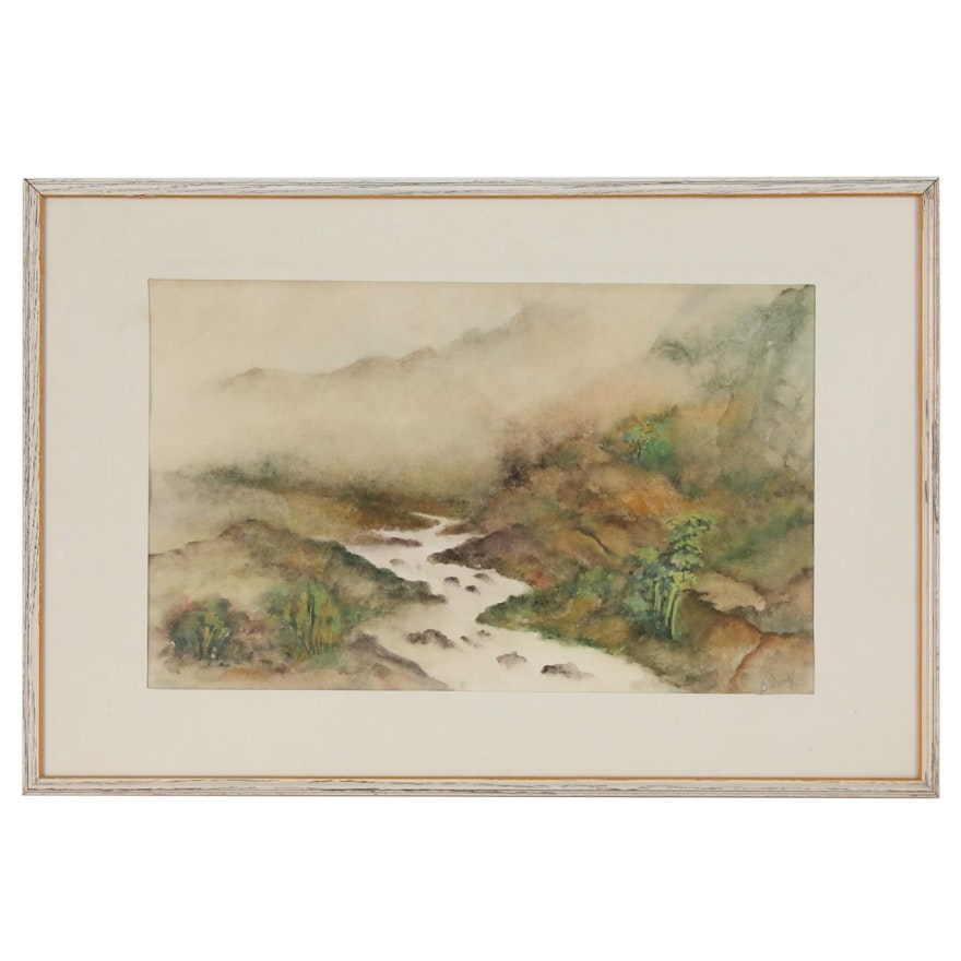 Landscape Watercolor Painting of Misty Stream