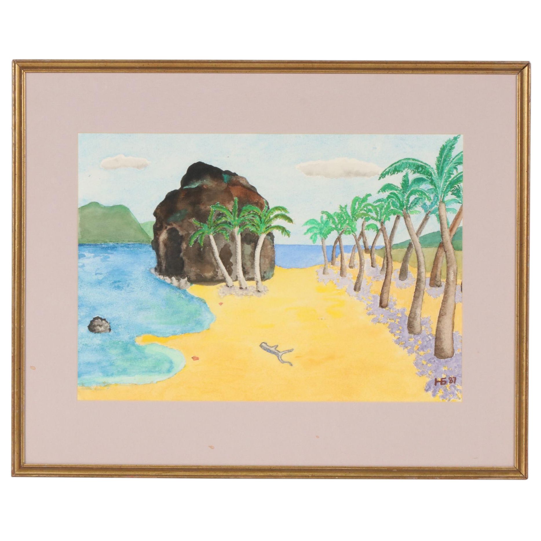 Folk Art Beach Scene Watercolor Painting, 1987