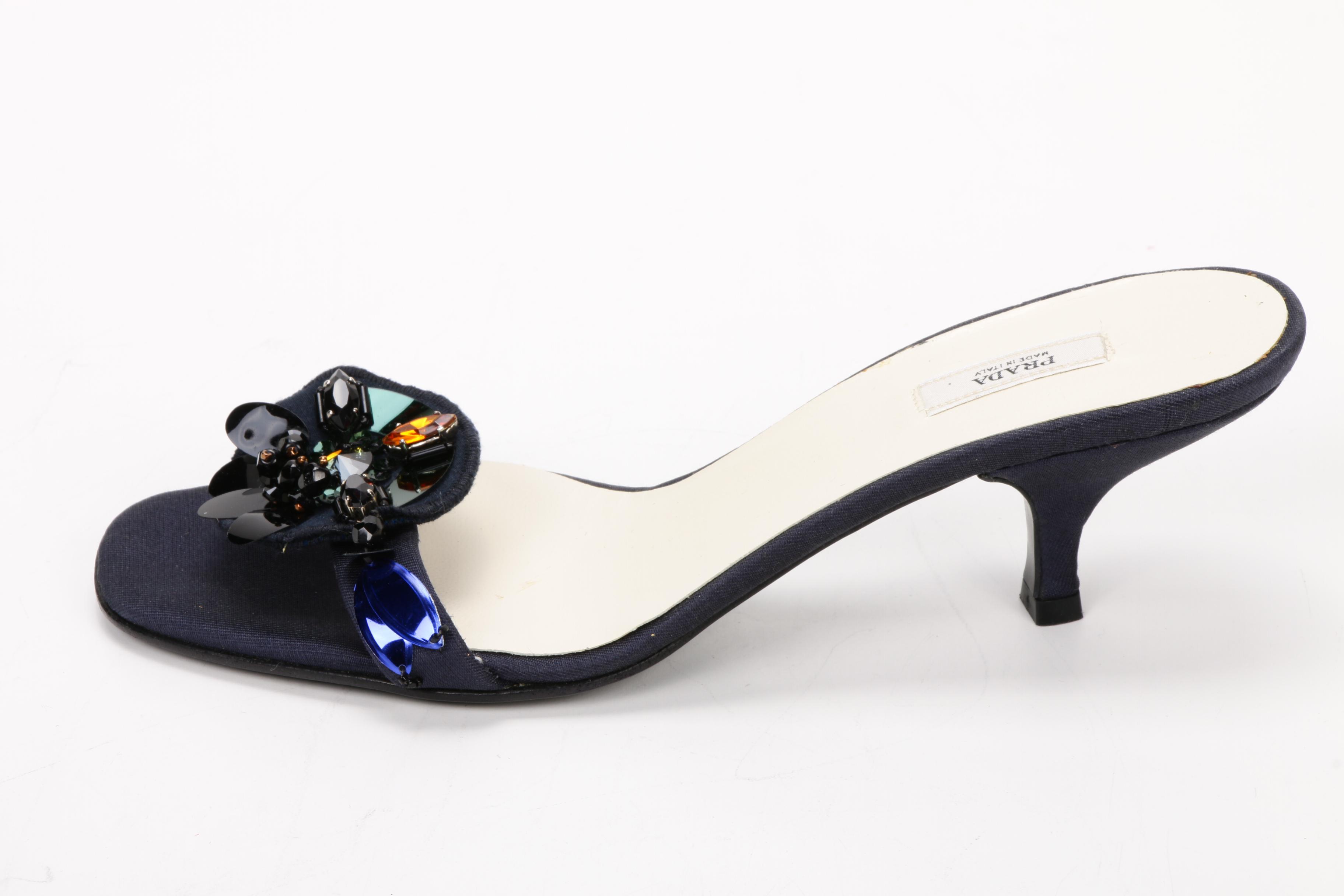 Prada Embellished Navy Blue Silk Slide Sandals