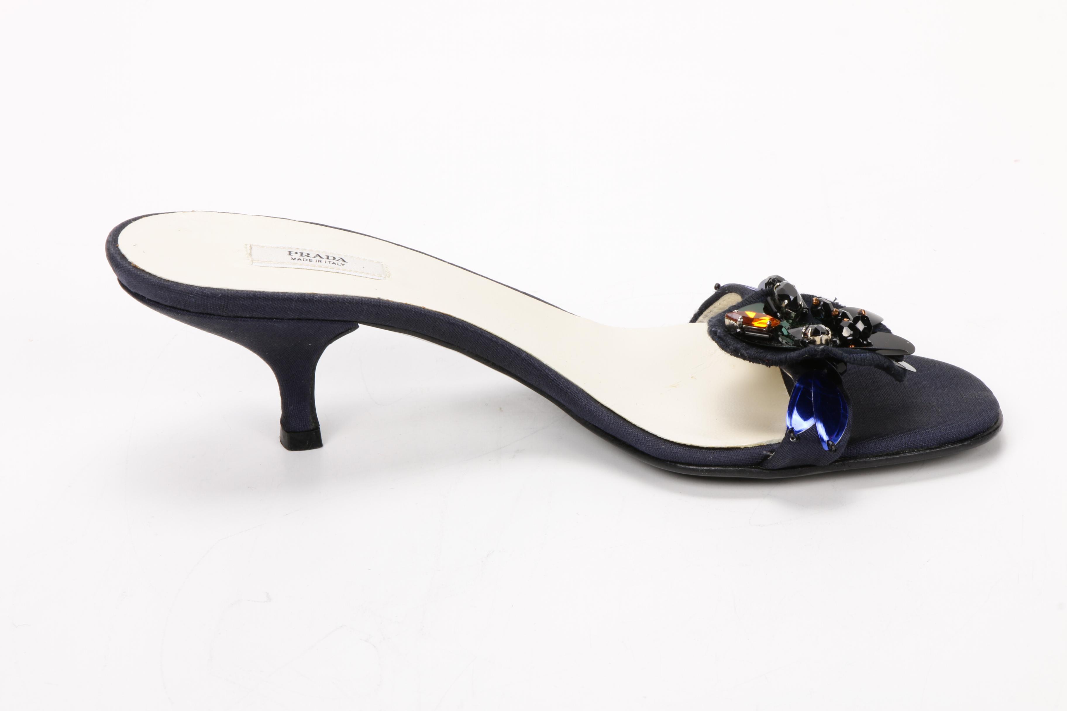 Prada Embellished Navy Blue Silk Slide Sandals