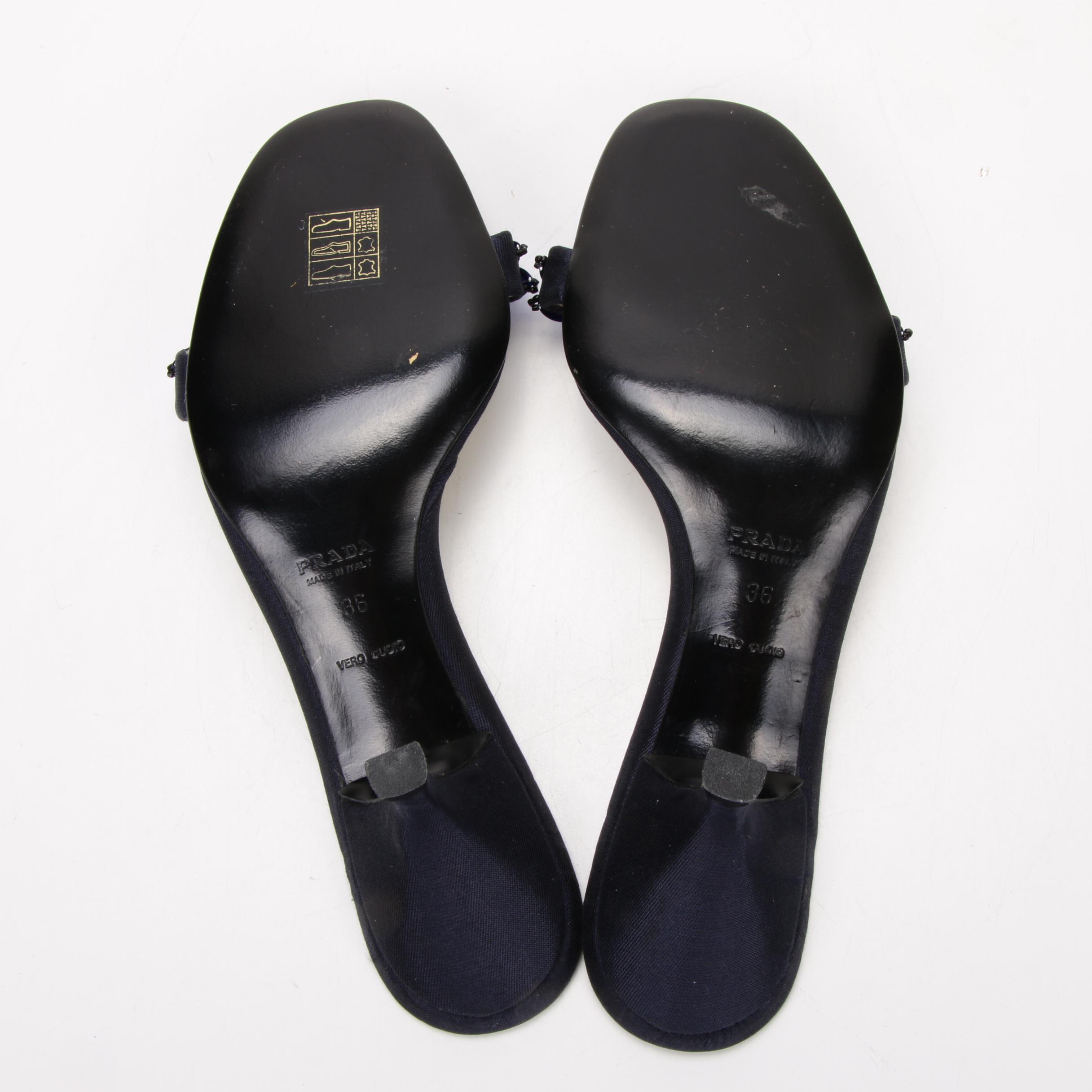 Prada Embellished Navy Blue Silk Slide Sandals