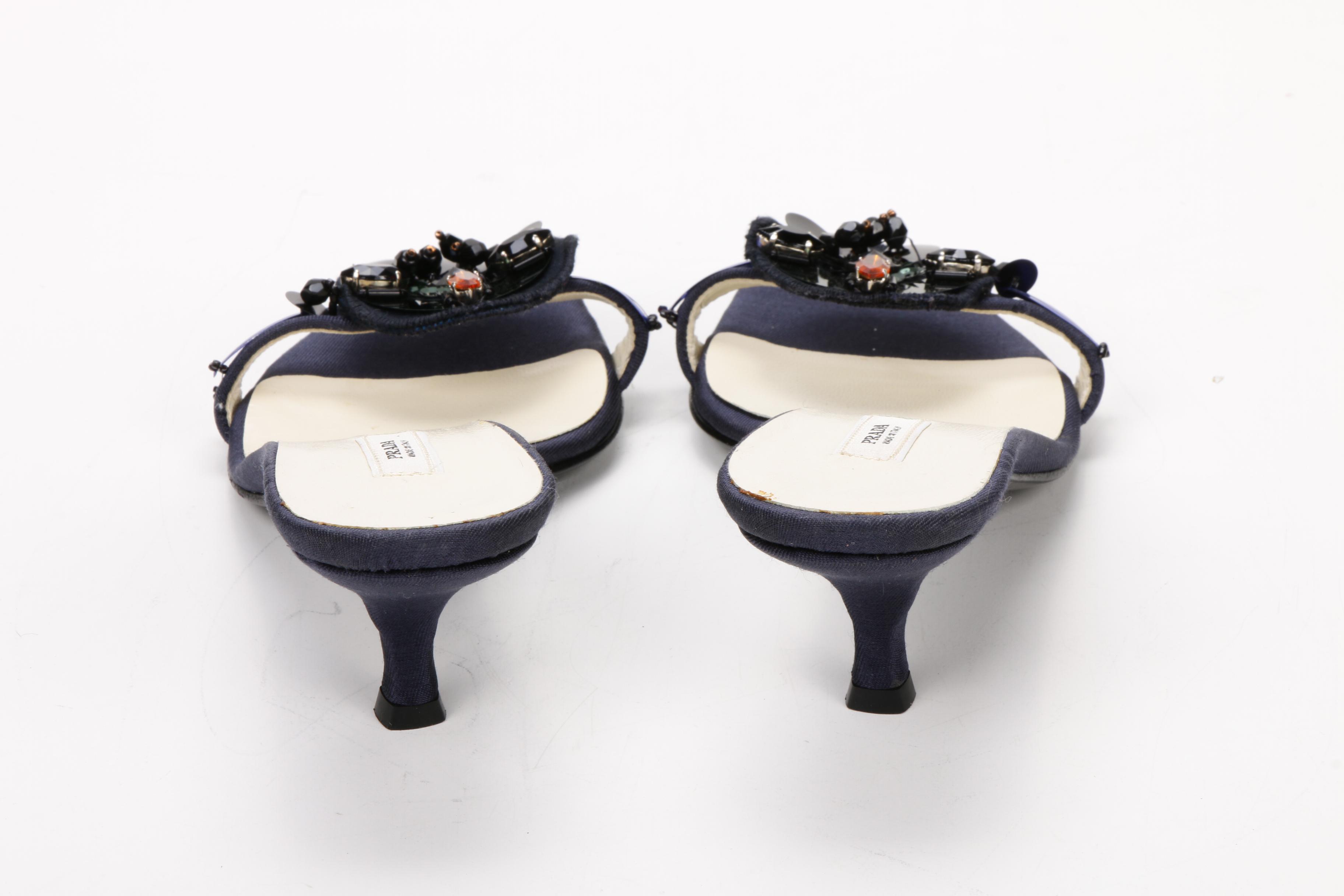 Prada Embellished Navy Blue Silk Slide Sandals