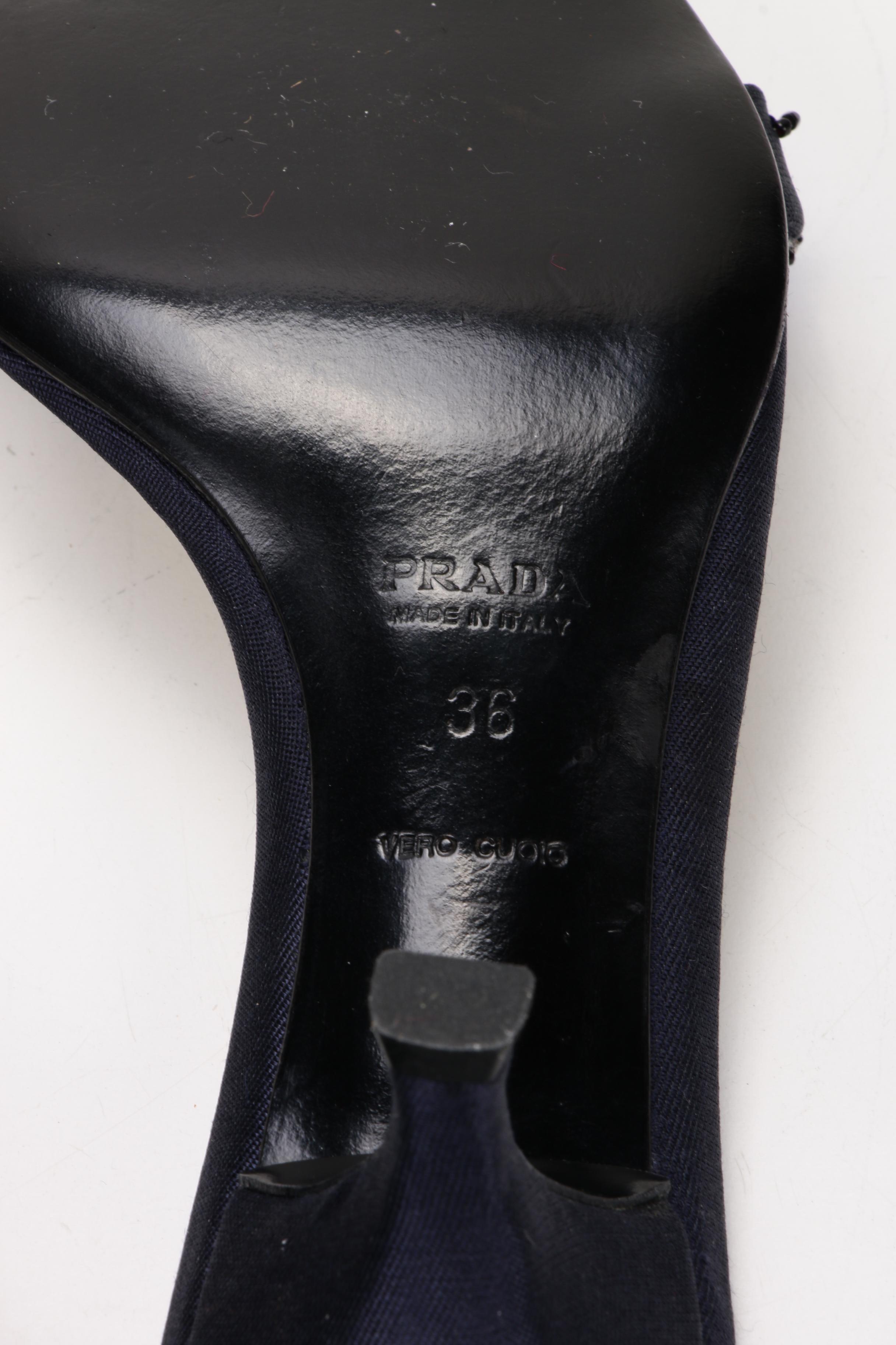 Prada Embellished Navy Blue Silk Slide Sandals