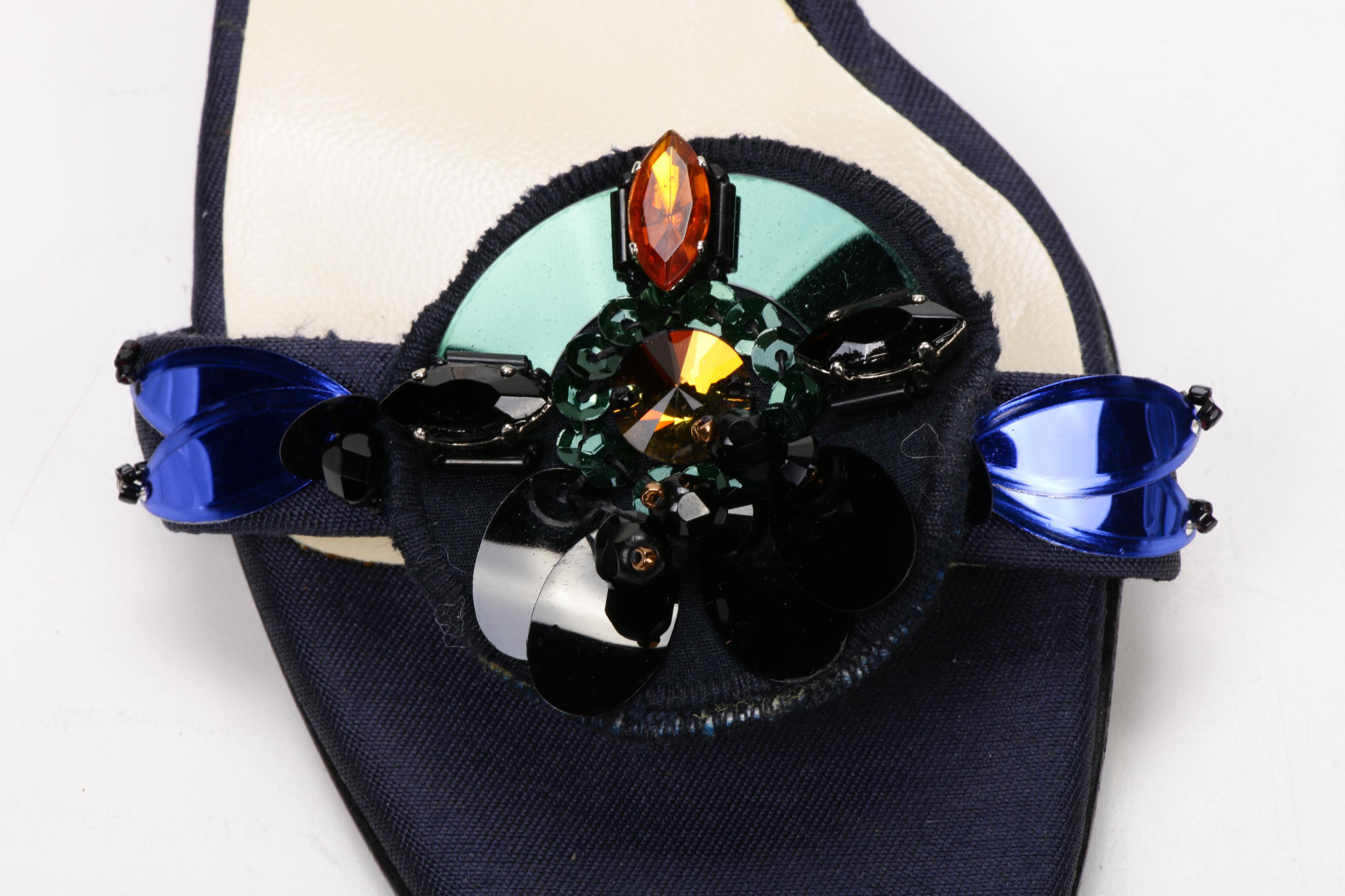 Prada Embellished Navy Blue Silk Slide Sandals