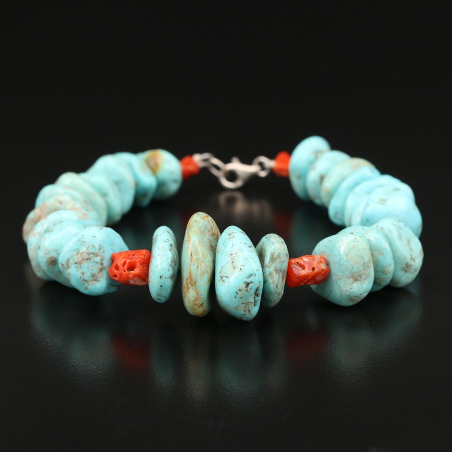 Sterling Turquoise and Coral Nugget Bracelet
