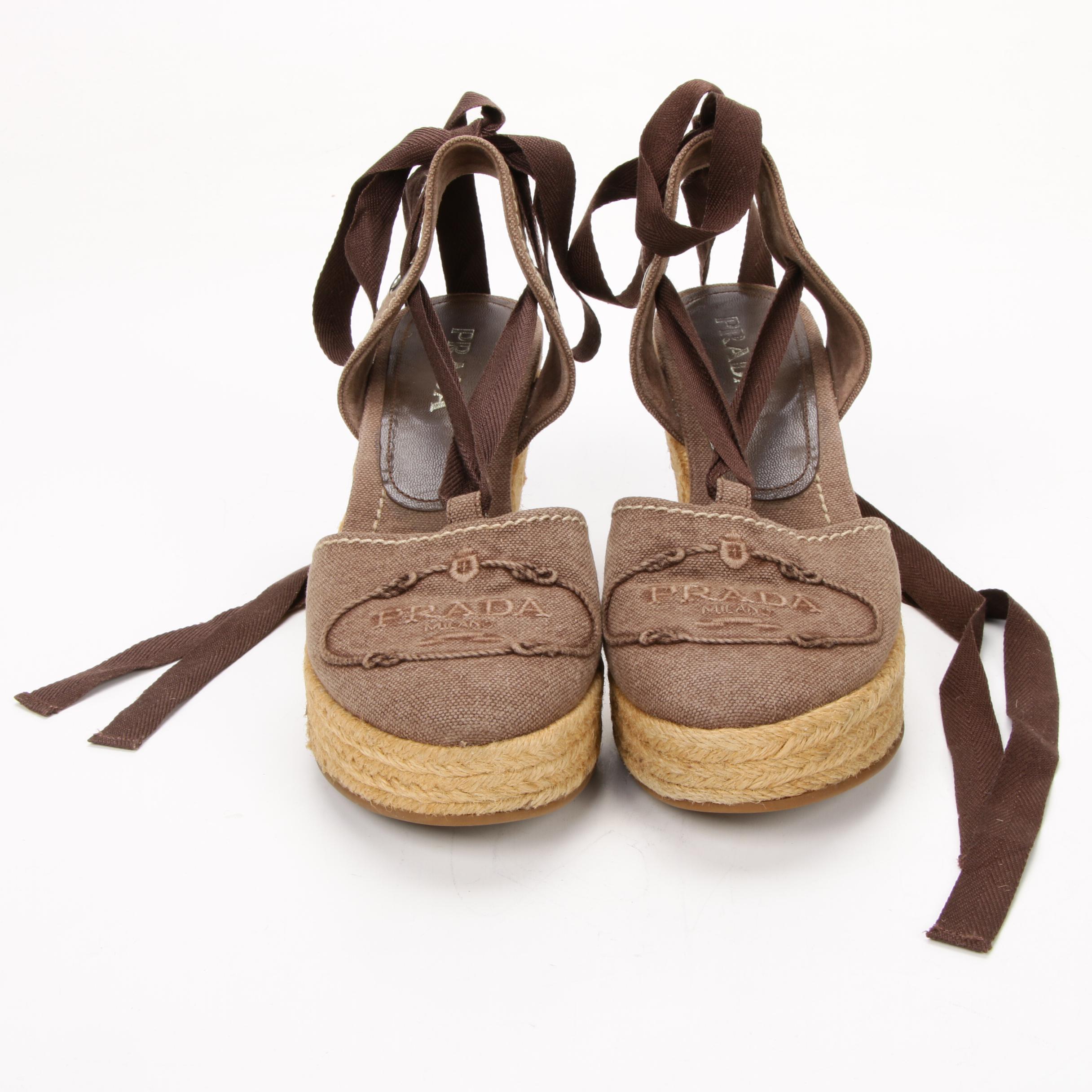 Prada Espadrille Wedges in Brown Logo Embroidered Canvas