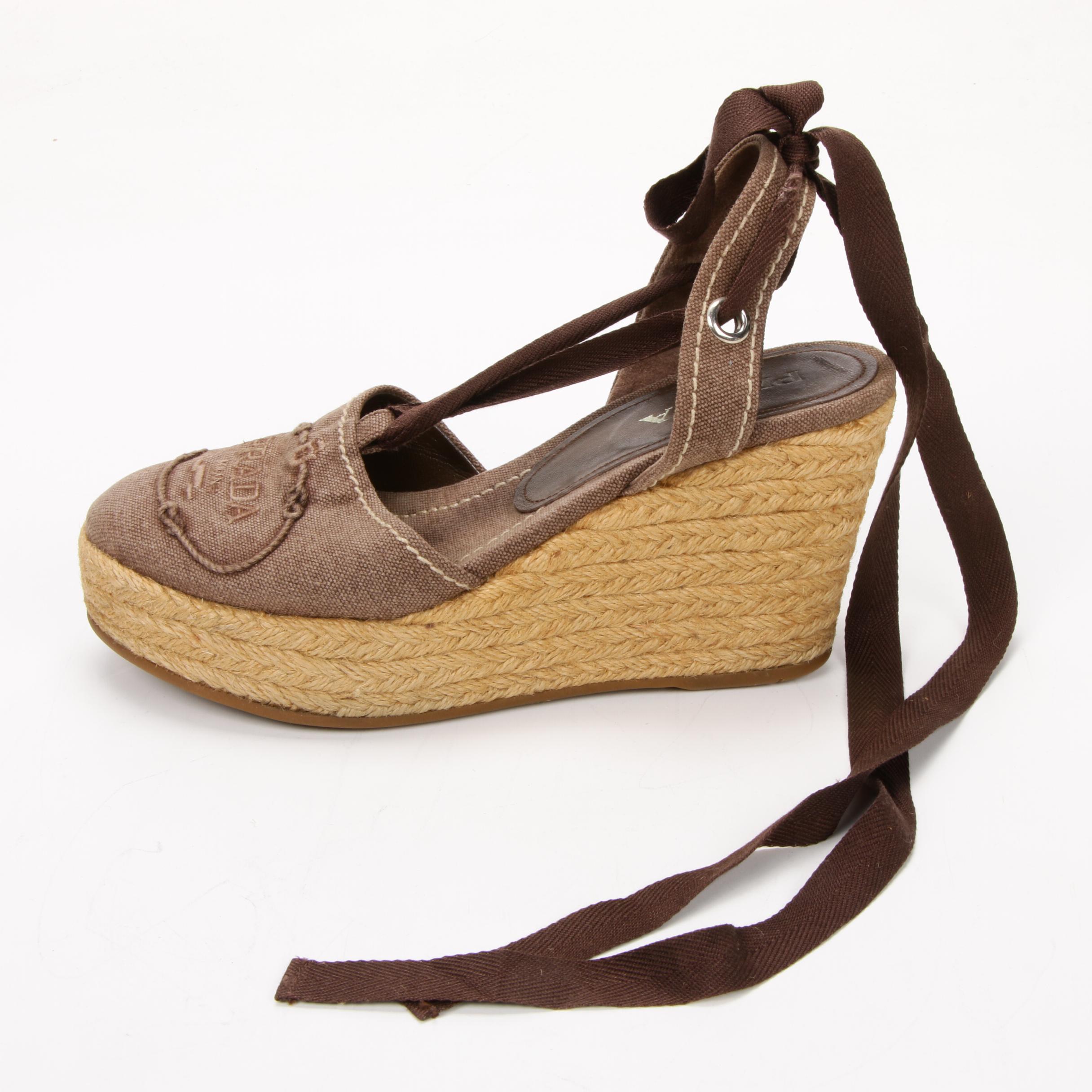 Prada Espadrille Wedges in Brown Logo Embroidered Canvas