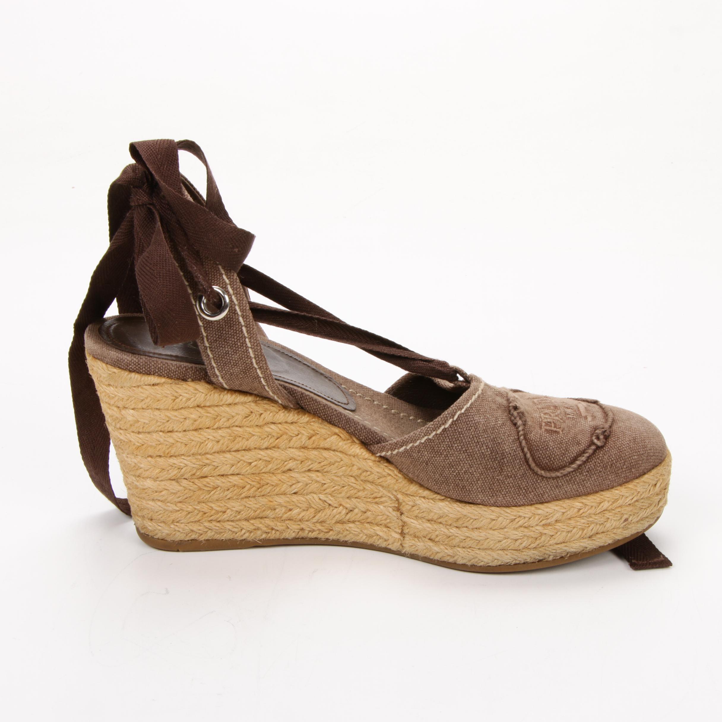Prada Espadrille Wedges in Brown Logo Embroidered Canvas