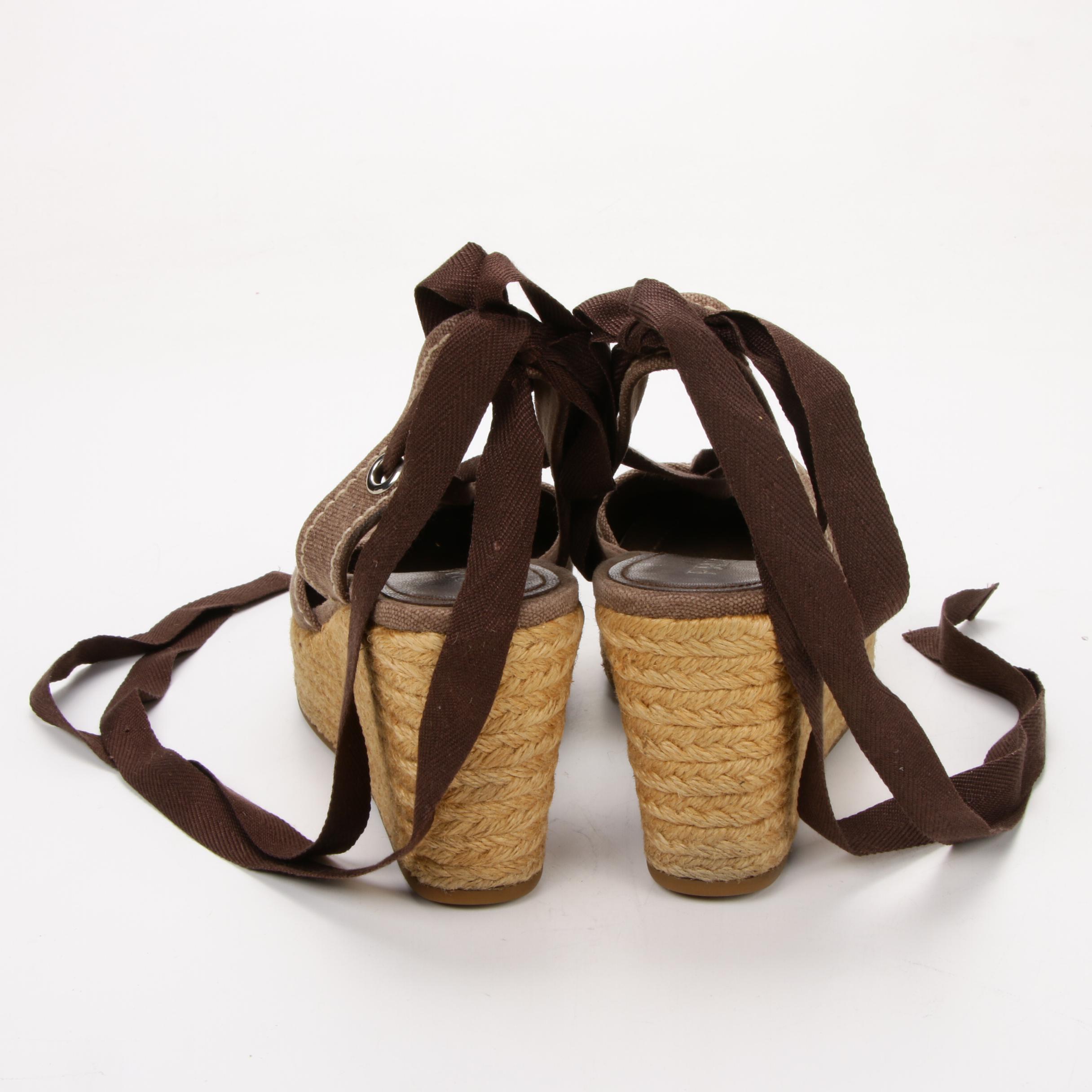Prada Espadrille Wedges in Brown Logo Embroidered Canvas