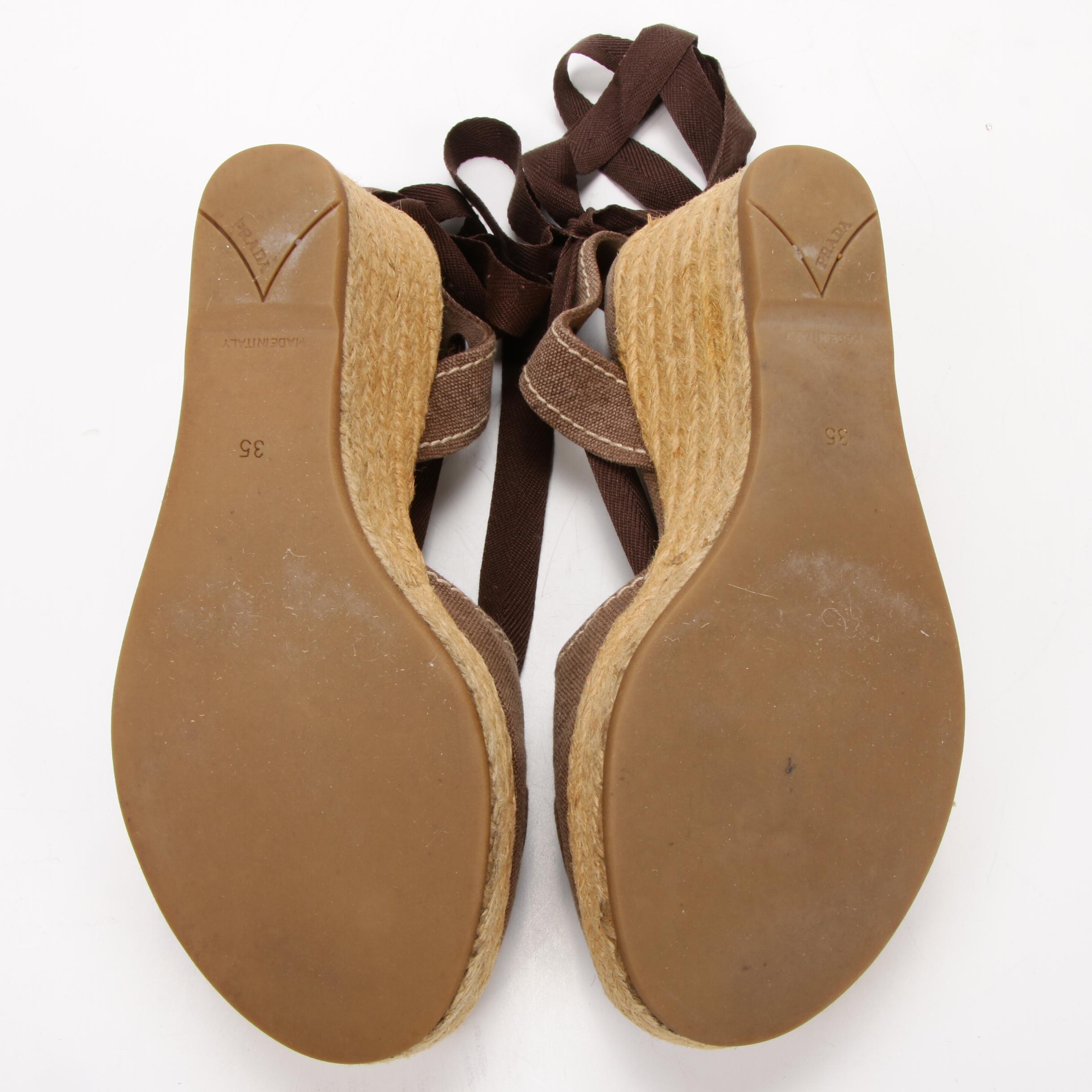 Prada Espadrille Wedges in Brown Logo Embroidered Canvas