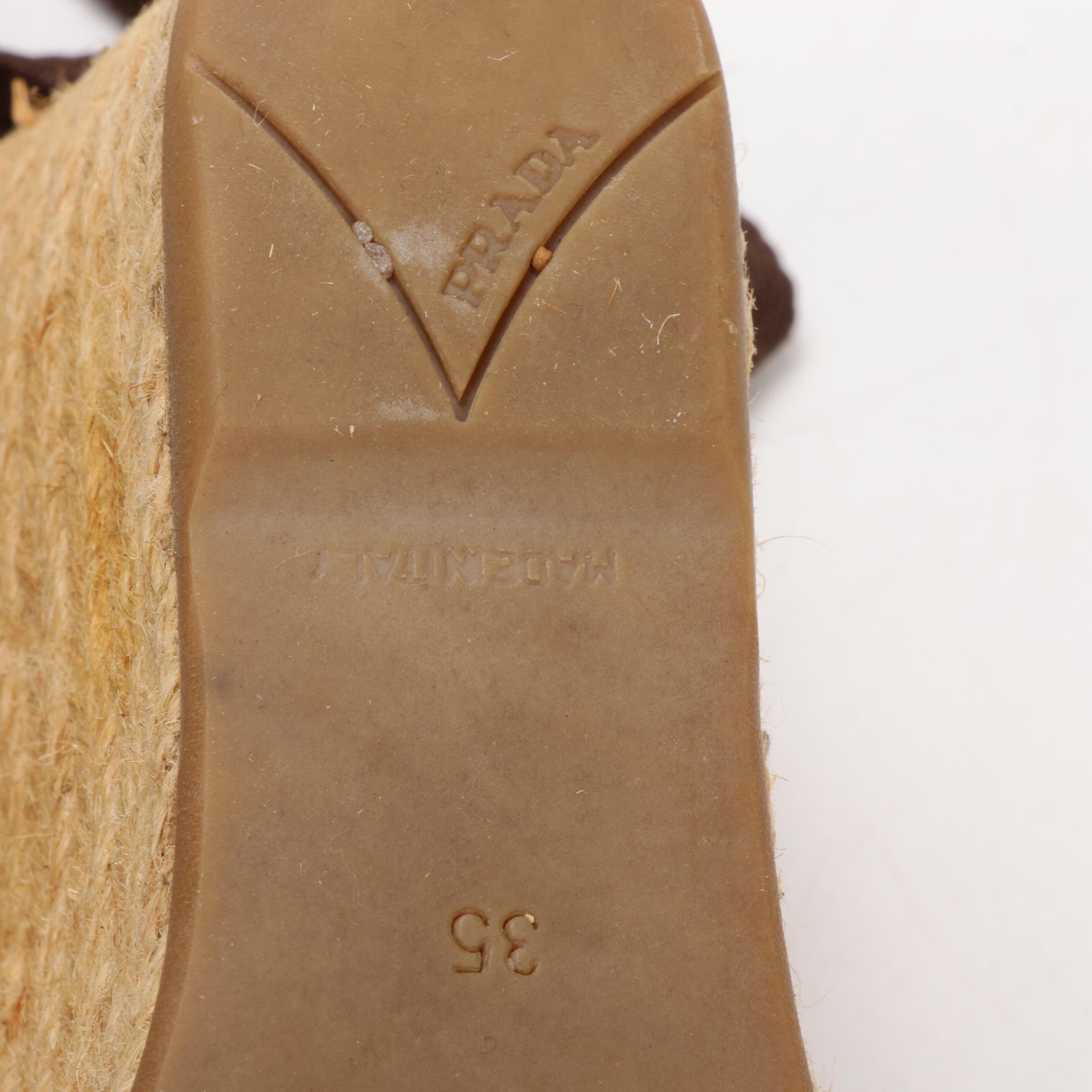 Prada Espadrille Wedges in Brown Logo Embroidered Canvas