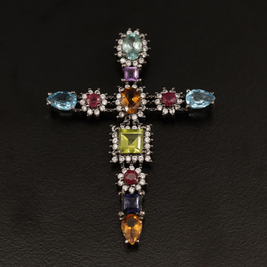 Sterling Silver Cross Pendant Featuring Blue Topaz, Citrine and Peridot