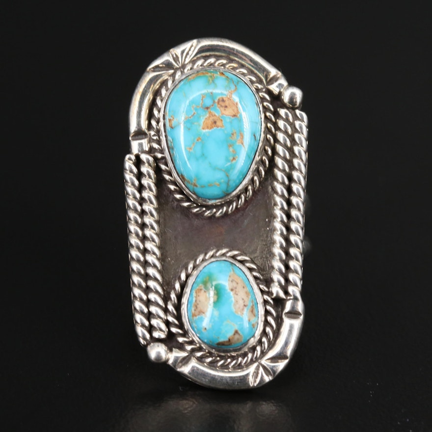 Western Sterling Silver Turquoise Pointer Ring with Twisted Rope Accents