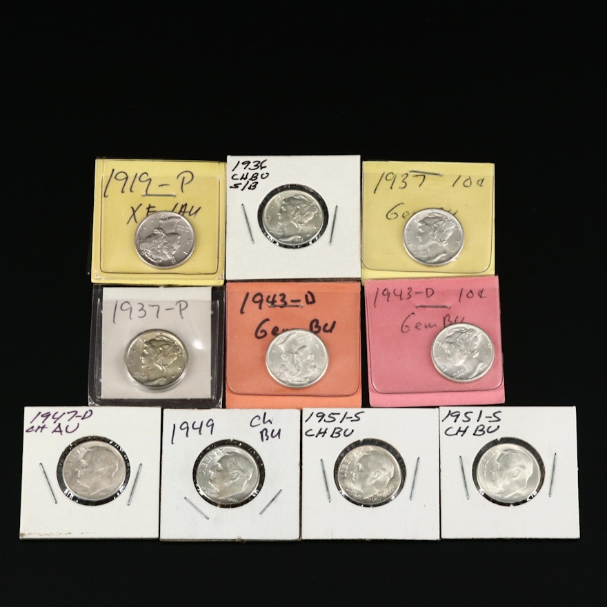 Ten Mercury and Roosevelt Silver Dimes