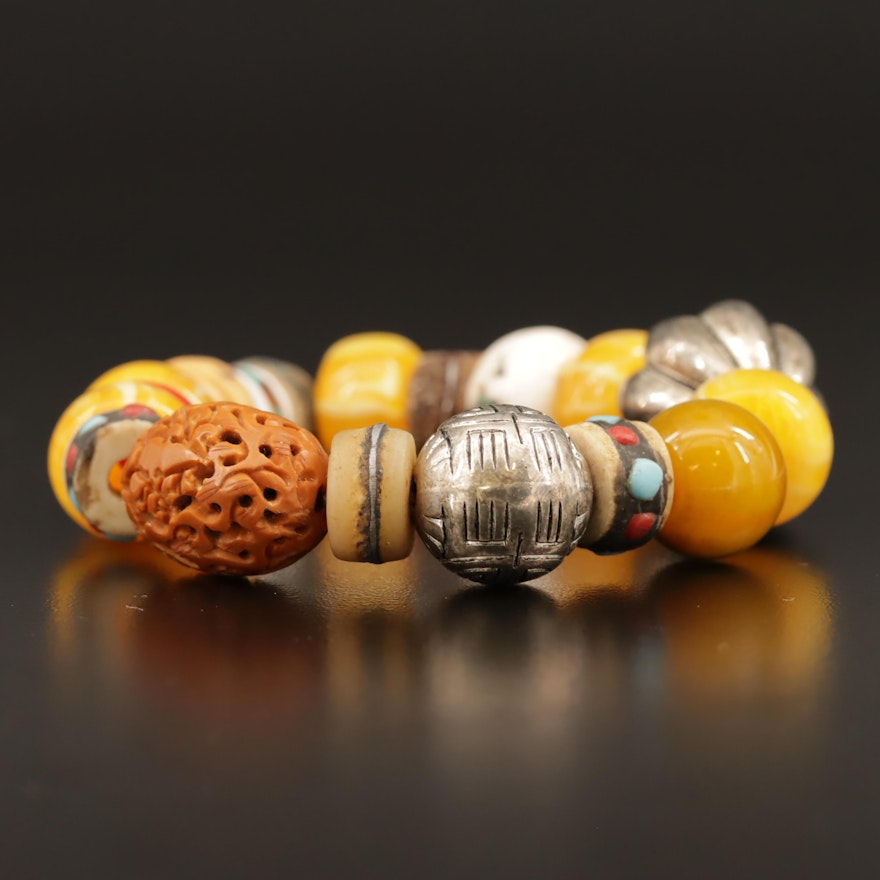 Tribal Style Glass and Stone Beaded Expandable Bracelet