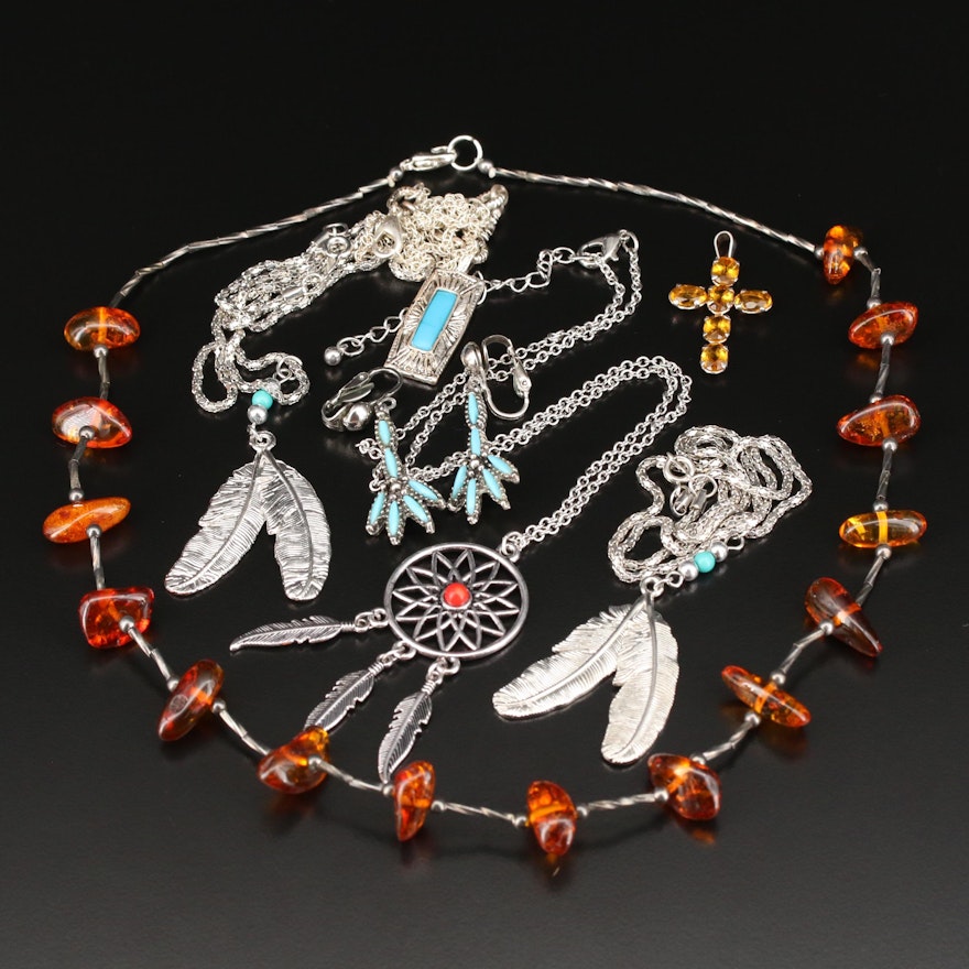 Necklaces, Earrings and Cross Pendant Featuring Dream Catcher and Feather Motifs