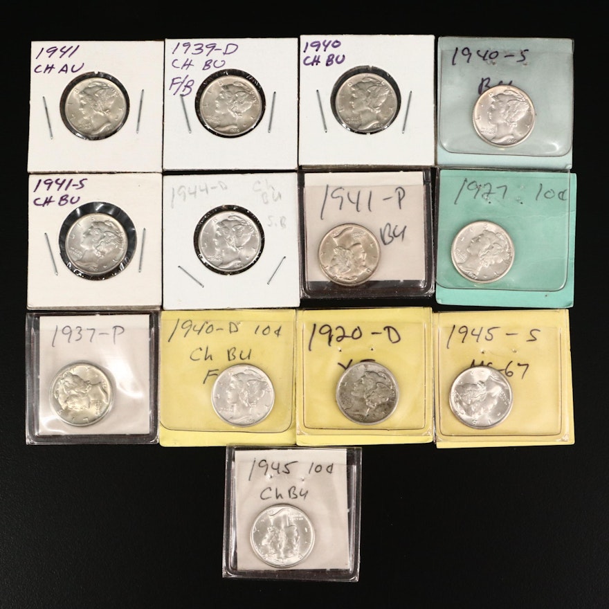Thirteen Mercury Silver Dimes