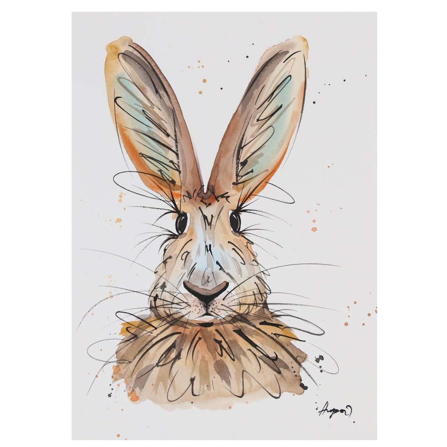 Anne Gorywine Watercolor Painting of Rabbit, 2020