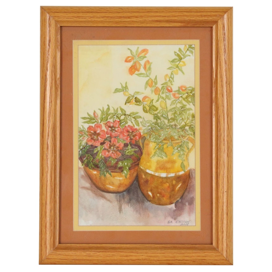 Still Life Watercolor Painting of Potted Plants, 2001