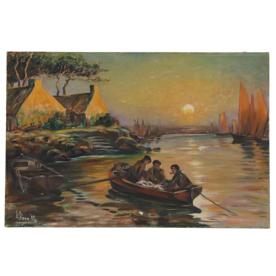 Oil Painting of Harbor Scene with Three Men in Fishing Boat, 1939