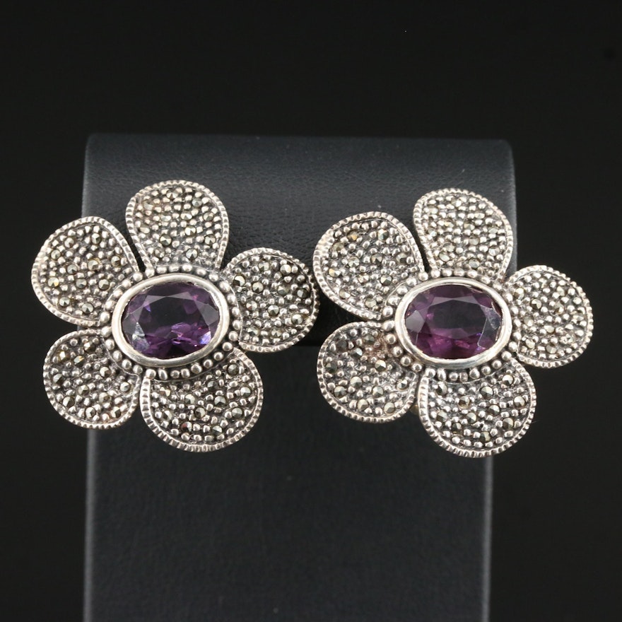 Sterling Glass and Marcasite Flower Clip-On Earrings