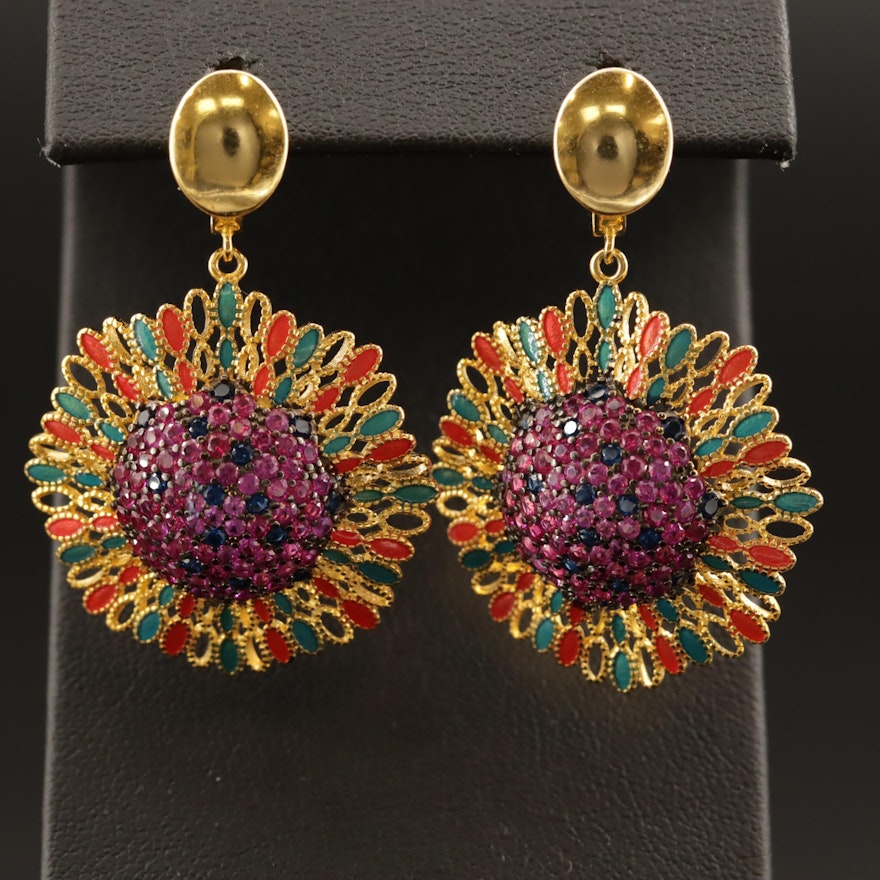 Sterling Silver Pavé Set Ruby, Cubic Zirconia and Enamel Flower Earrings