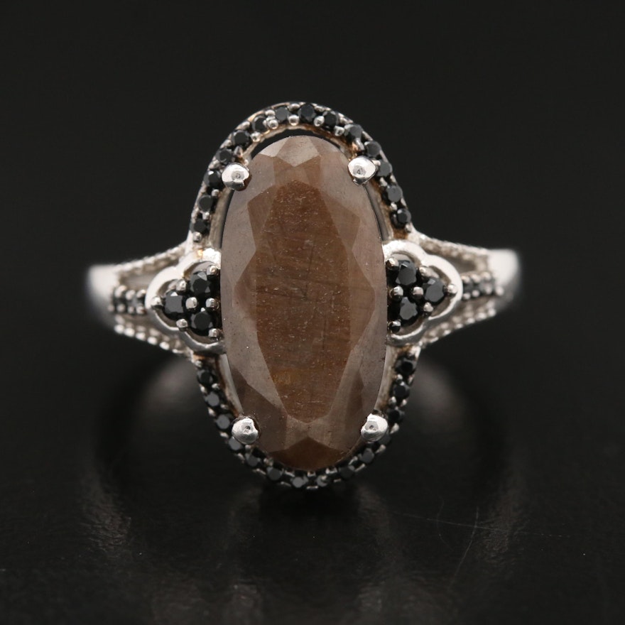 Sterling Labradorite and Cubic Zirconia Ring with Scroll Detail