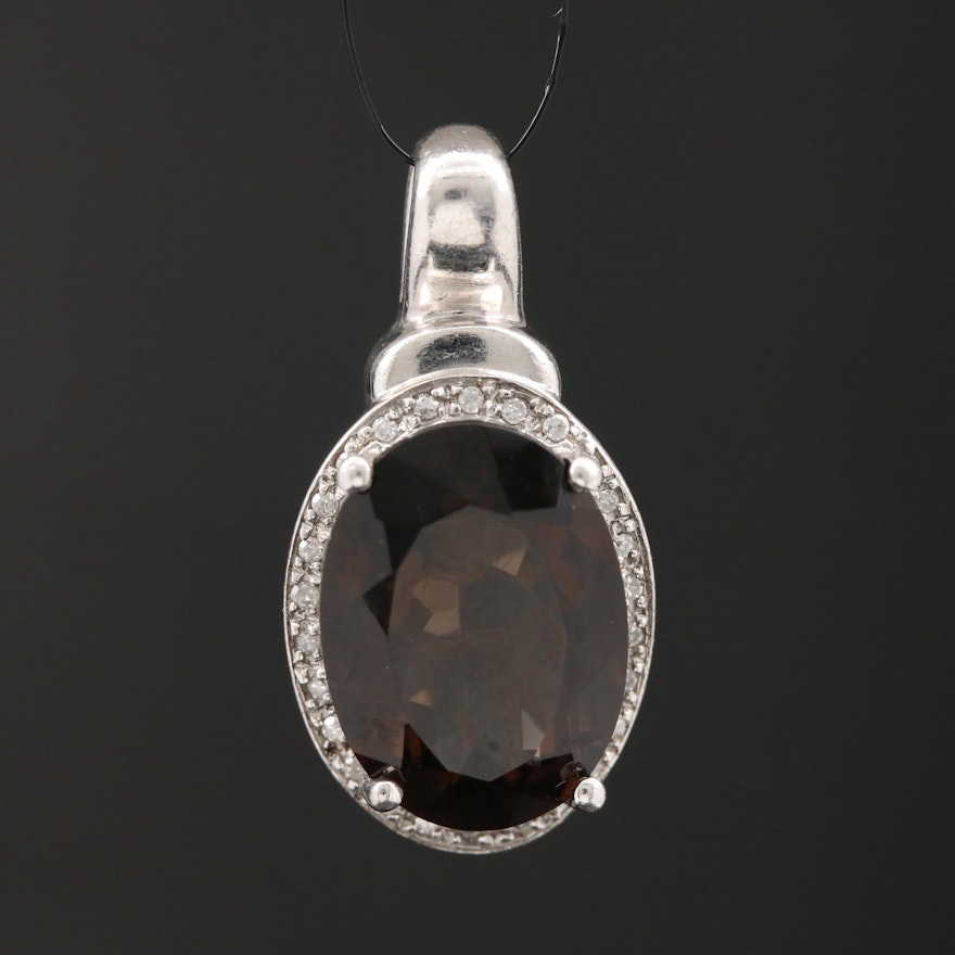 Sterling Smoky Quartz and Diamond Oval Halo Pendant