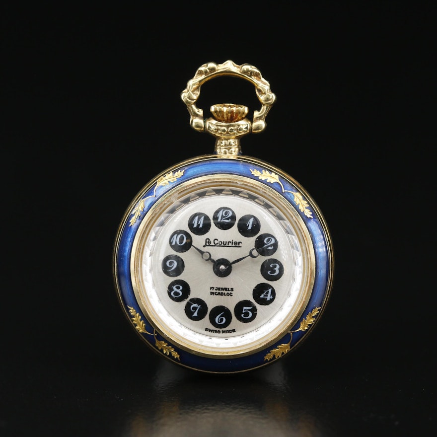 Vintage LeCourier Gold Plated and Enamel Open Face Pocket Watch