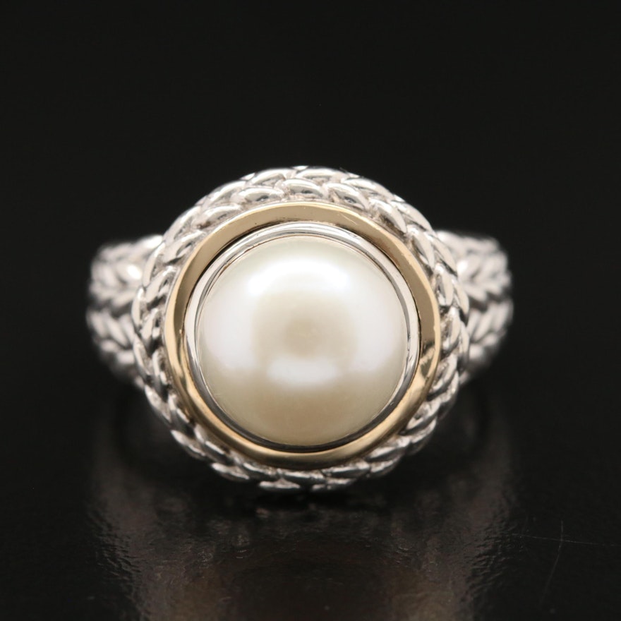 Sterling Pearl Ring with Rope Detail and 14K Accent